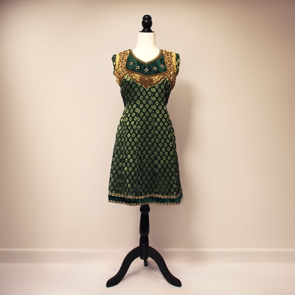 *Sold* VINTAGE | Beaded Green and Gold Dress - Picture 1 of 3